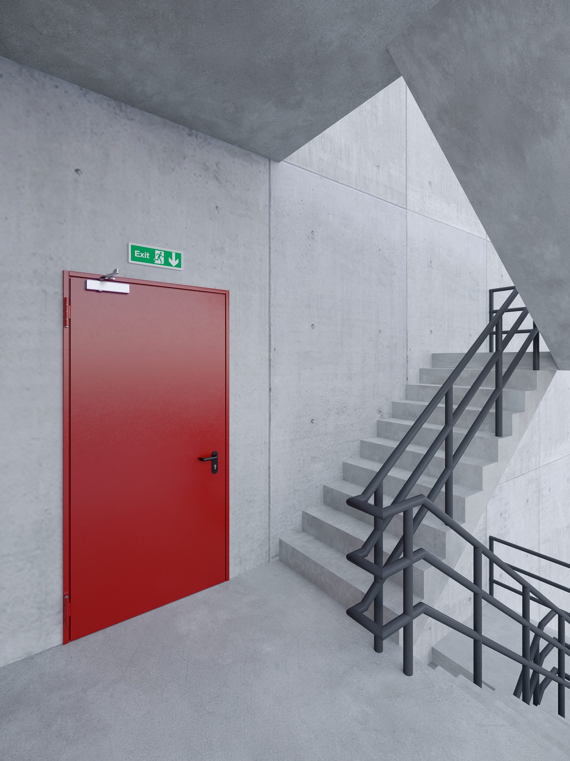 Fire exit  red metal door in concrete sapce  building . 3d rendering